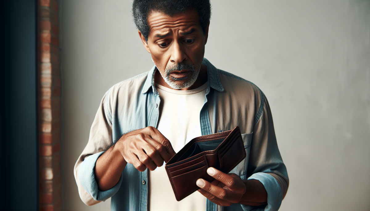 An african american man looking into an empty wallet