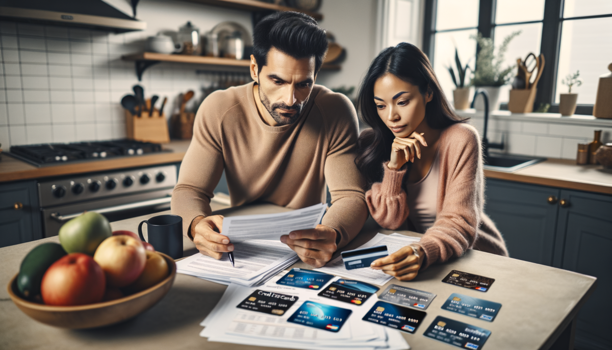 american married couple reviewing banking documents at the kitchen counter with credit cards resting on the countertop