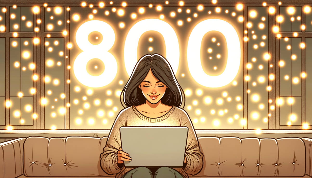 illustration of a happy american woman viewing her laptop screen while the number "800" glows in twinkle lights over her head