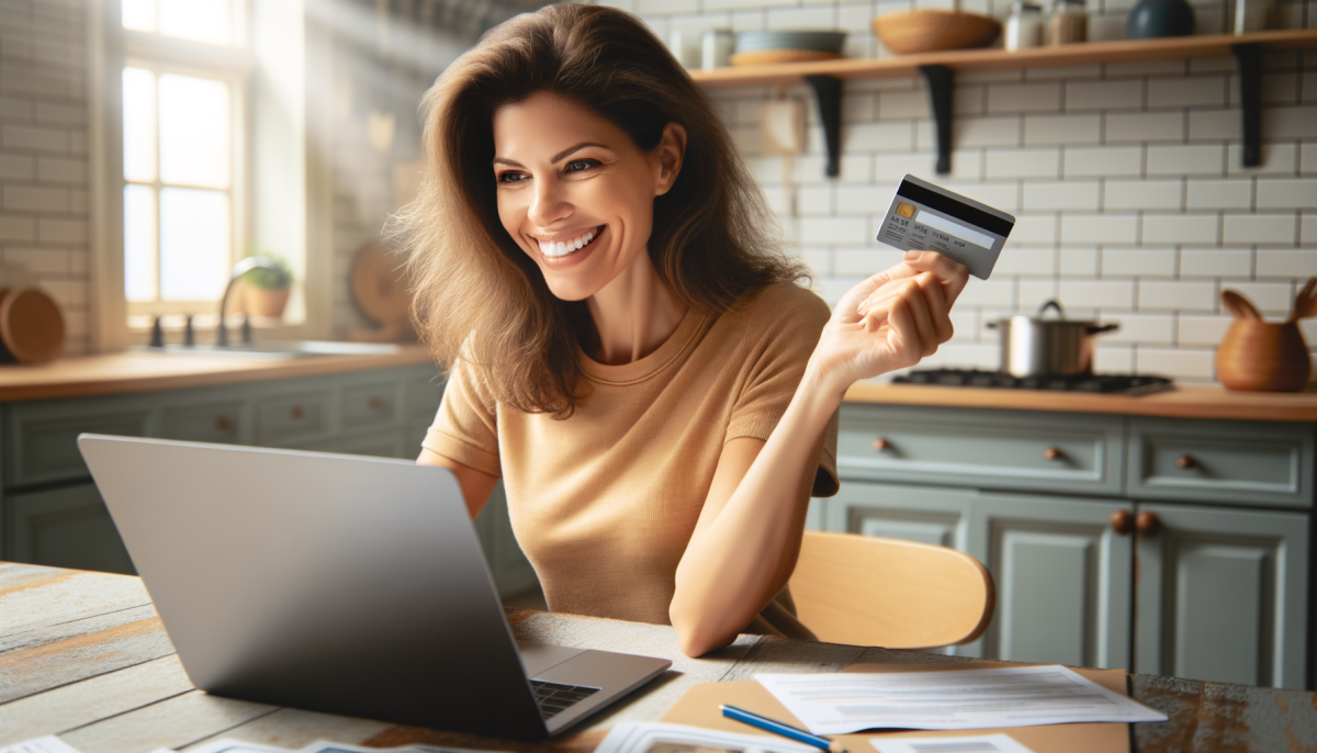 optimistic american woman holding a credit card in her hand while viewing a laptop screen at the kitchen table